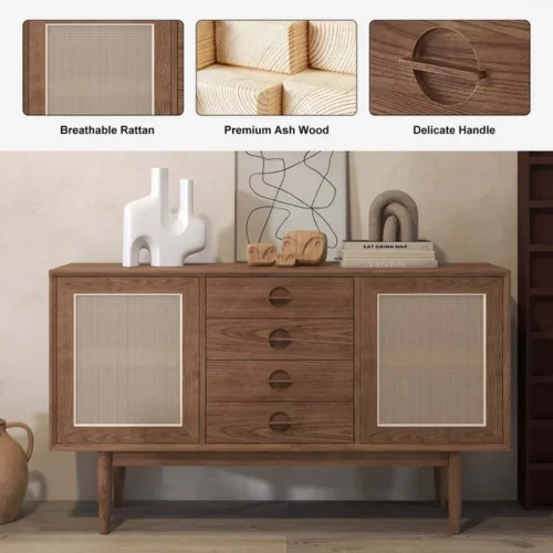 0009557 cottage walnut sideboard buffet rattan with 2 doors 4 drawers