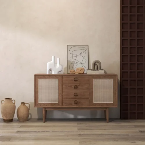 0009559 cottage walnut sideboard buffet rattan with 2 doors 4 drawers