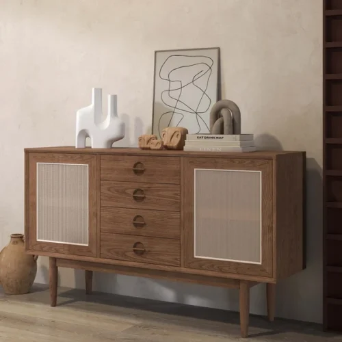 0009562 cottage walnut sideboard buffet rattan with 2 doors 4 drawers