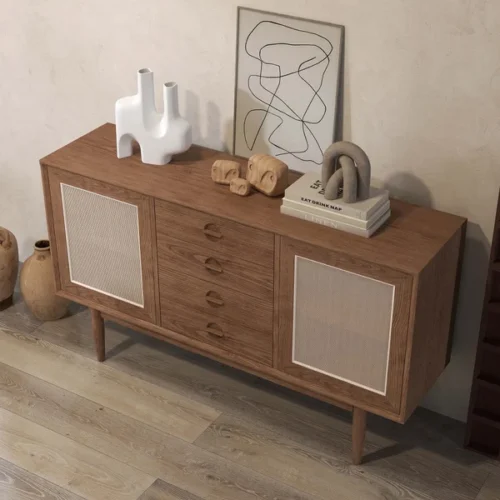 0009563 cottage walnut sideboard buffet rattan with 2 doors 4 drawers