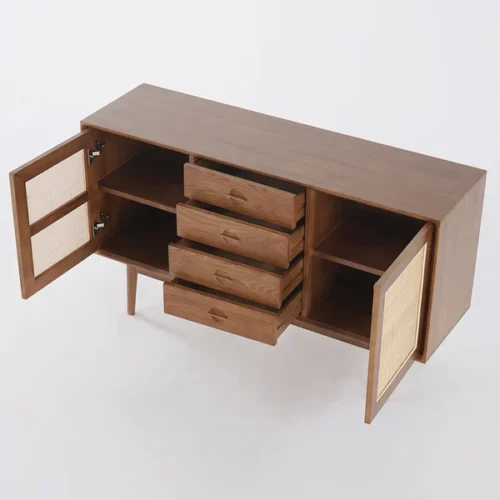 0009565 cottage walnut sideboard buffet rattan with 2 doors 4 drawers