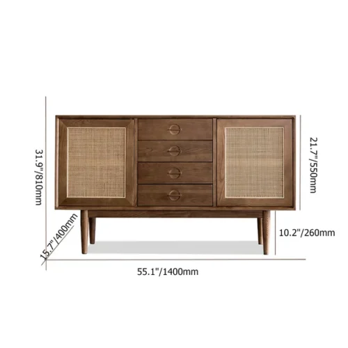 0009567 cottage walnut sideboard buffet rattan with 2 doors 4 drawers
