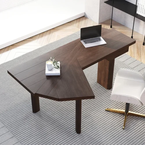 0013538 japandi walnut l shape writing desk with 1 drawer wood corner desk irregular top