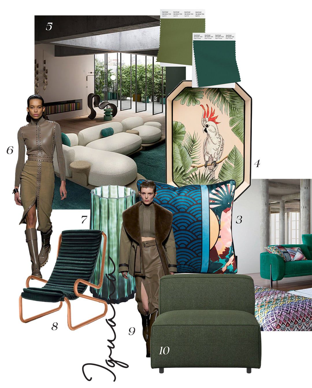 1. Two Fendi Casa chairs, available at Palazzo Collezioni 2. Roche Bobois living room decor 3. Yumi cushion from Roche Bobois' Les Contemporains collection 4. Les Ottomans hand-painted tray, available at Farfetch.com 5. Grumetto sofa by Elena Salmistraro for Busnelli 6. From the Fall 2024 Hermès show - Photo by Launchmetrics/Spotlight © 7. Ligne Roset blown glass vase - Photo by Launchmetrics/Spotlight © 8. Armadillo chair, by Gianni Pareschi, 1969, for Busnelli 9. From the Fall 2024 Hermès show 10. Carmo Chair by Bo Concept