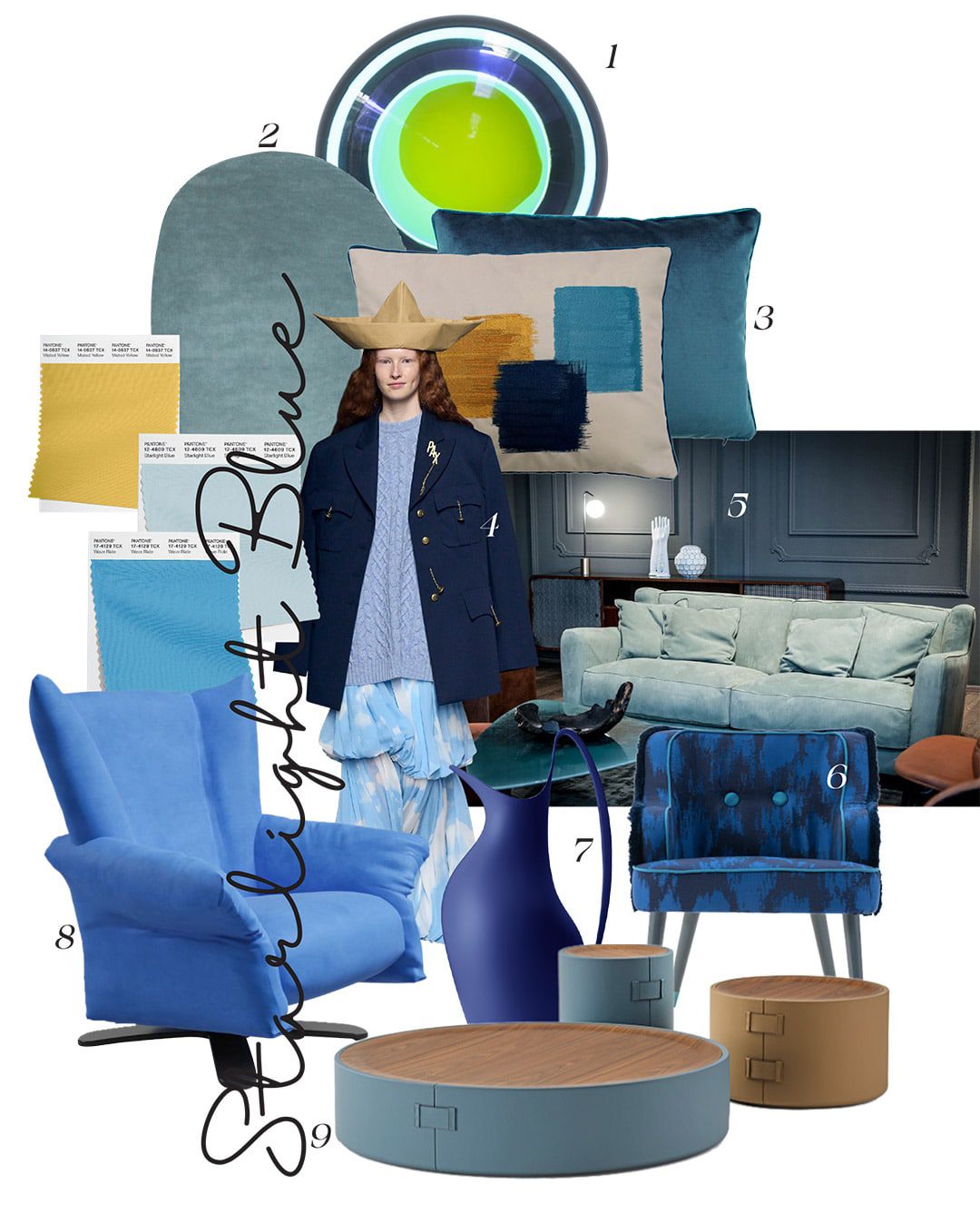 1. Bon Bon wall light by Draga and Aurel, available at Nilufar Gallery 2. Amini Carpets Pietra Mare pebble-shaped rug in sea color 3. Roche Bobois Resonance cushion 4. From the Fall 2024 Moschino show - Photo courtesy of LaunchmetricsSpotlight © 5. Mondini sofa by Baxter 6. Azul Button Chair by Turri 7. Kopppel jug by Georg Jensen 8. Diplomatico bench by Ego Italiano 9. Turri Atelier Coffee Tables