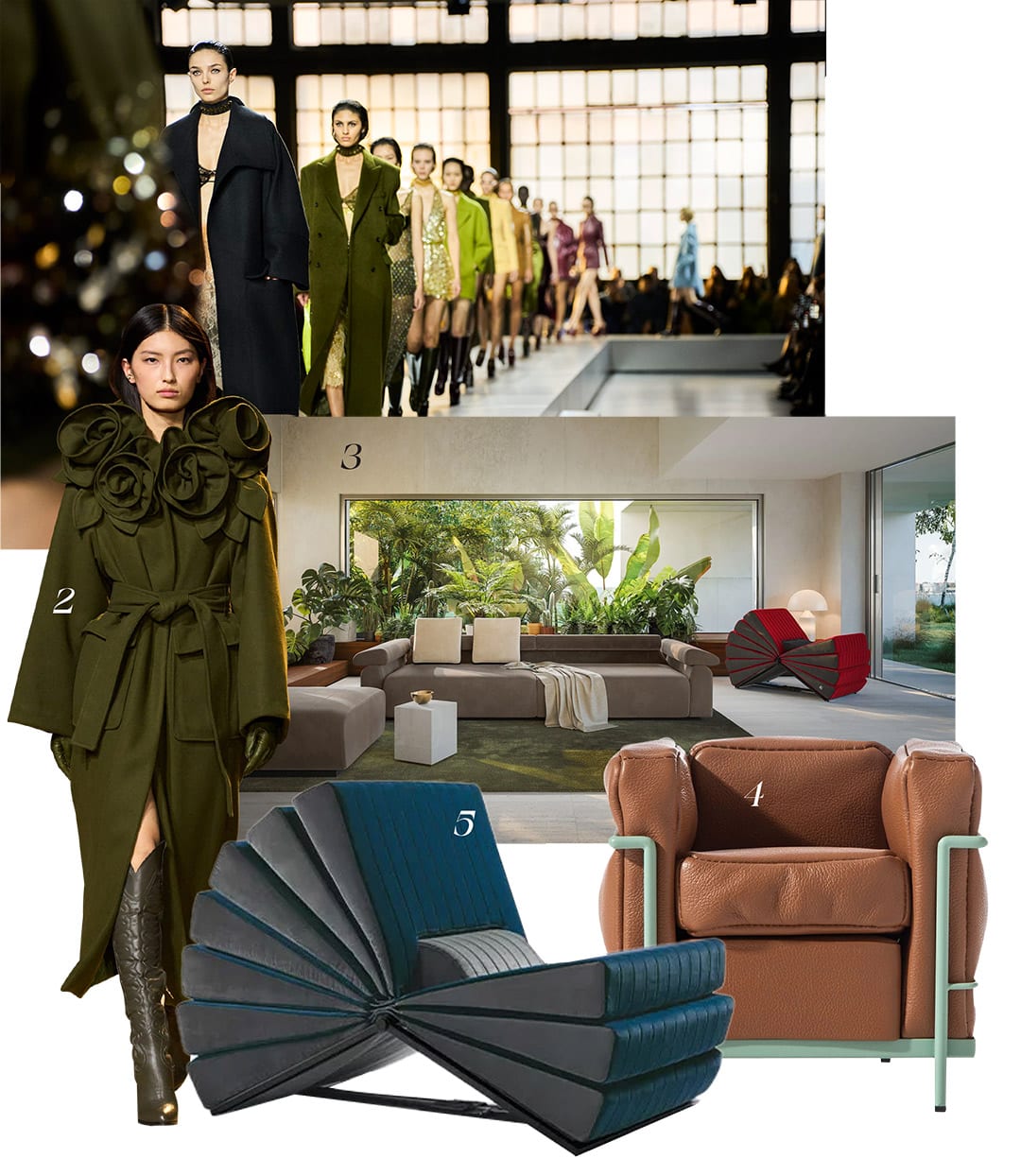 1. From the Gucci Fall 2024 Gucci show2. From the Elie Saab Fall 2024 Elie Saab show - Photo courtesy of Launchmetrics/Spotlight © 3. Living room decor featuring a sofa from Busnelli's AtoB collection 4. Cassina's Le Miniature Lc2 bench 5. Libro bench, designed by Gianni Pareschi from 1970, for Busnelli
