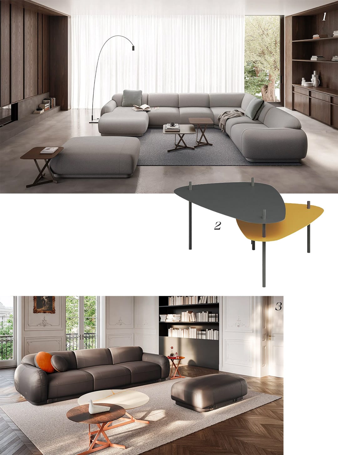 1. Busnelli Piumotto living room from Busnelli's Piumotto collection2. Ventaglio coffee table by Ego Italiano 3. Another living room from Busnelli's Piumotto collection