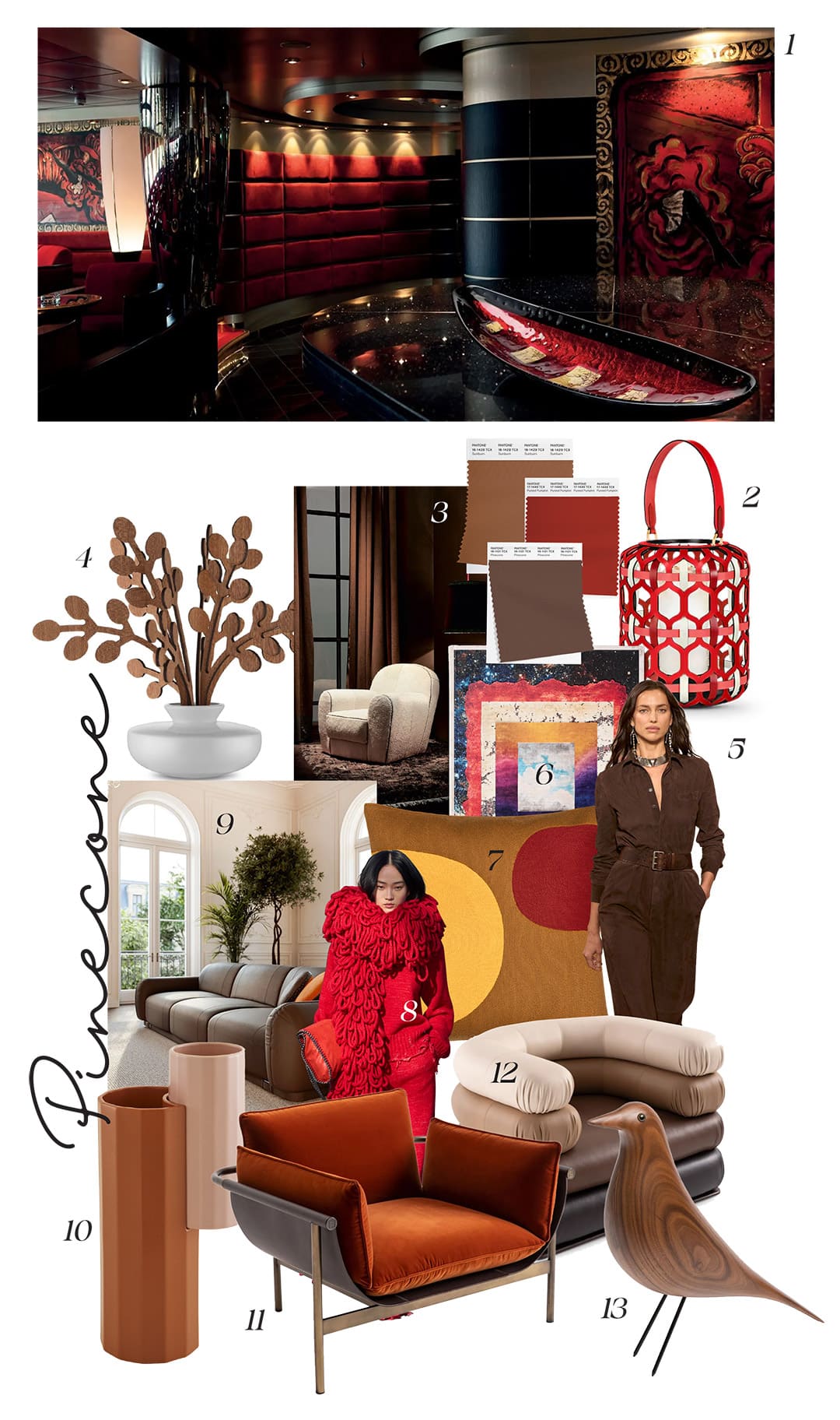 1. Decorated with VéVé's Murano RGB glass spacer 2. Lamp by Zanellato and Bortotto for Louis Vuitton 3. Amburgo chair by Paola Navone, for Baxter 4. The Five Seasons home fragrance by Marcel Wanders, available at Sel Et Poivre 5. From the Ralph Lauren Fall 2024 show - Image courtesy of Launchmetrics/Spotlight © 6. Jan Kath - The Book coffee table rug book 7. Hermès Cordélie pillow 8. Stella McCartney Fall 2024 Stella McCartney - Photo by Launchmetrics/Spotlight © 9. Piumotto living room from the Busnelli Piumotto collection by Busnelli 10. Dalia Vase 2 in 1 by Ligne Roset 11. Totu Bench by Toan Nguyen, for Fendi Casa 12. Blow-Up Bench by Controvento, for Fendi Casa 13. Eames House Bird by Charles and Ray Eames, available at Vitra
