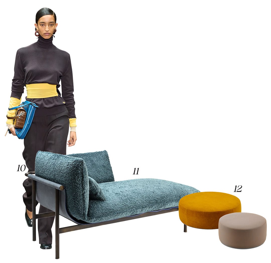 10. From the Fendi Fall 2024 show - Photo courtesy of Launchmetrics/Spotlight ©11. Totu lounge chair by Toan Nguyen, for Fendi Casa 12. Passe-Partout Pouf by Turri