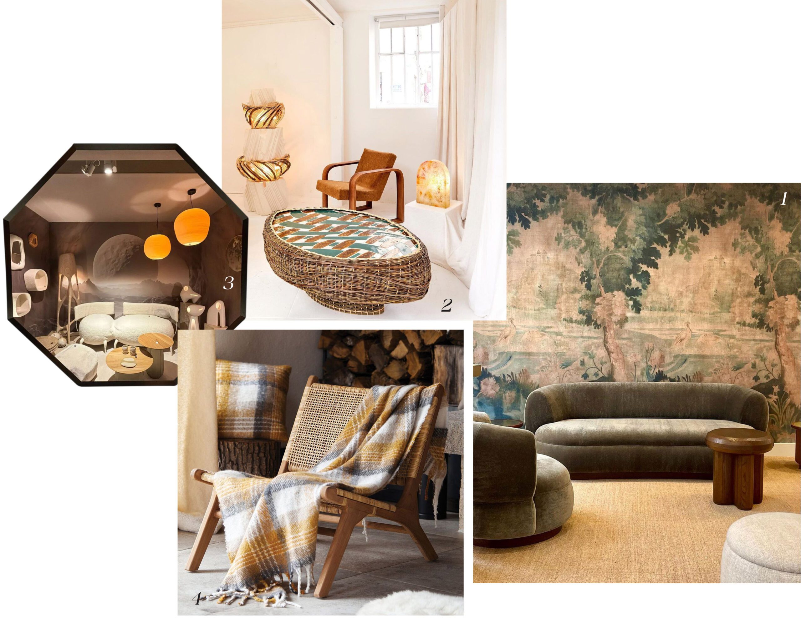 1. Vallon sofa and chair by Christophe Delcourt, for Pierre Frey. 2. Decorative pieces from the OOI collection, by Studio Mo-Mo. 3. A room furnished with pieces from the Tierra collection by Faro Barcelona. 4. Déchelette's Inverno plaid blanket.