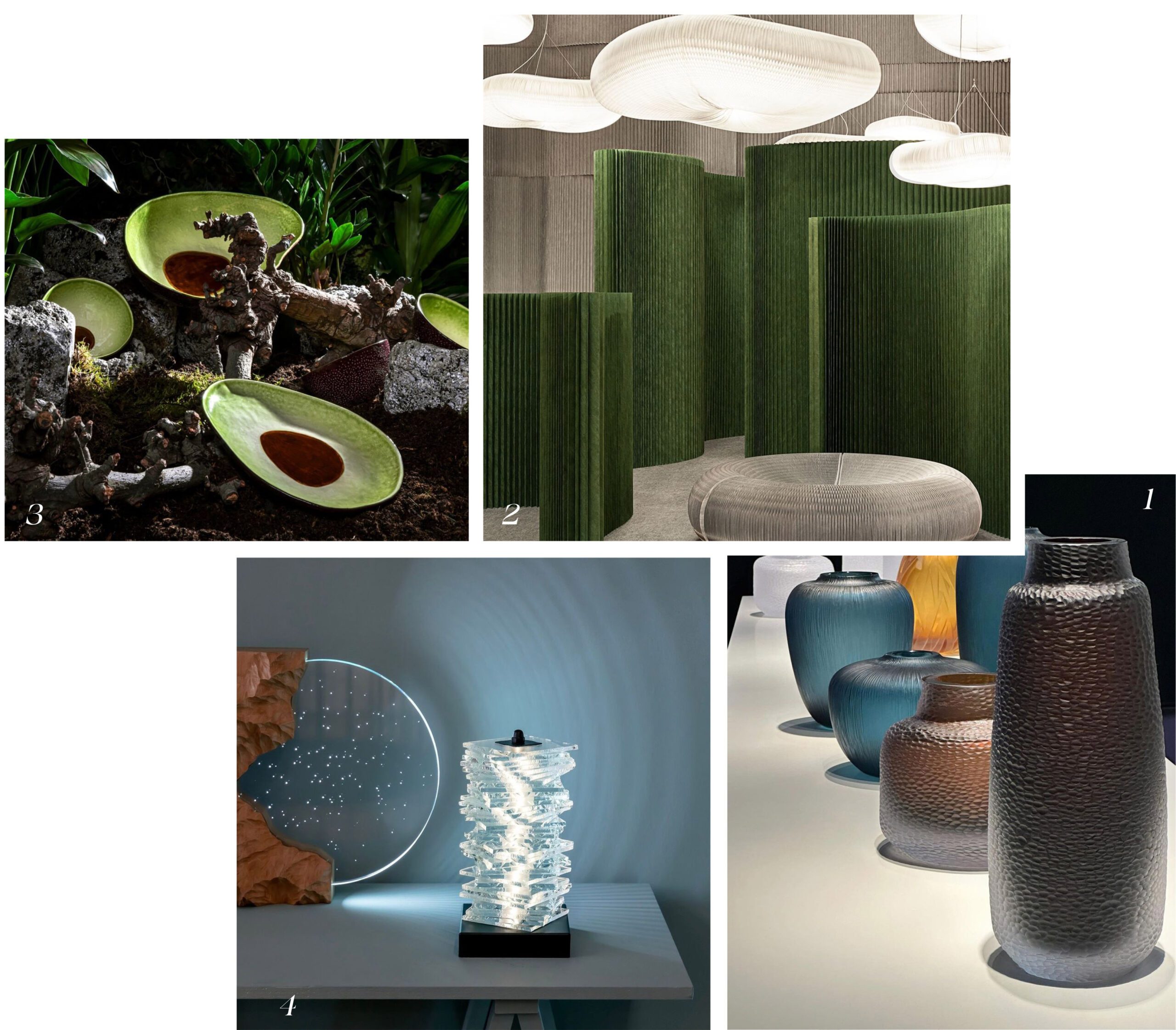 1. Vases and vessels by Guaxs. 2. Decor by design and production studio Molo, by Stéphanie Forsythe and Todd Macallen. 3. Ceramic plates by Bordallo Pinheiro. 4. Empreintes-Paris lamp by Empreintes-Paris