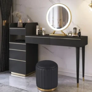 0008307 modern black makeup vanity set dressing table with lighted mirror cabinet stool