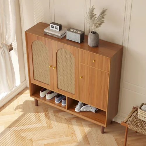 Vitality 3-Door, 4-Shelf Wood and Rattan Shoe Rack - Image 4