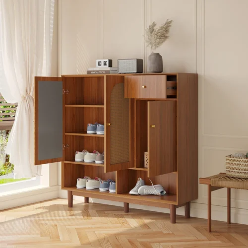 Vitality 3-Door, 4-Shelf Wood and Rattan Shoe Rack - Image 5