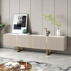 إيلورى وحدة تلفزيون من الخشب الطبيعي مع سطح بديل رخام وأرجل من الأستانلس