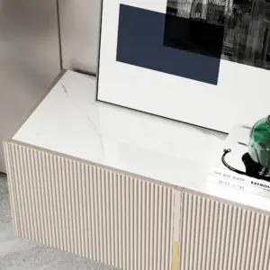 إيلورى وحدة تلفزيون من الخشب الطبيعي مع سطح بديل رخام وأرجل من الأستانلس