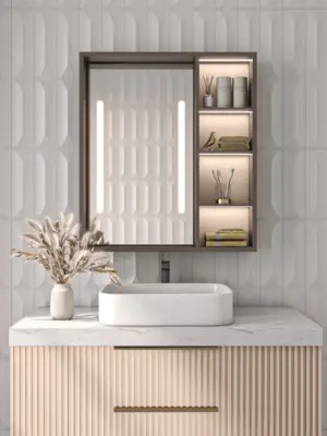 ⁦Cavina Illuminated Bathroom Mirror Unit with Shelves⁩ - الصورة ⁦5⁩