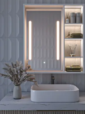 ⁦Cavina Illuminated Bathroom Mirror Unit with Shelves⁩ - الصورة ⁦6⁩