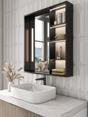 ⁦Cavina Illuminated Bathroom Mirror Unit with Shelves⁩ - الصورة ⁦12⁩