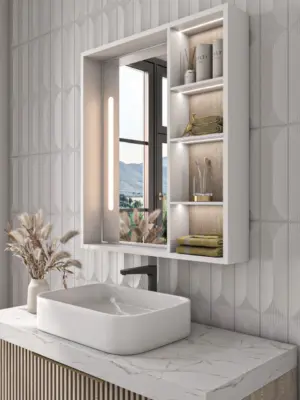 ⁦Cavina Illuminated Bathroom Mirror Unit with Shelves⁩ - الصورة ⁦13⁩