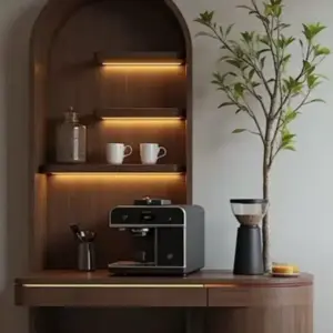 أوريـــلا ركن قهوة خشبي بإضاءة دافئة