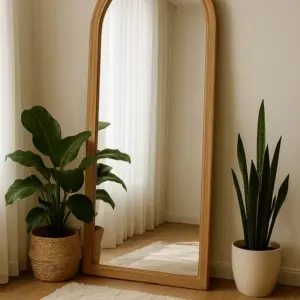 أليورا مرايا أرضية بإطار خشبي طبيعي مقوس