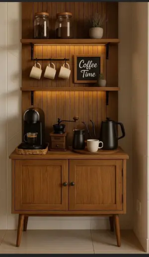 وودتايم ركن قهوة خشبي كلاسيك بإضاءة