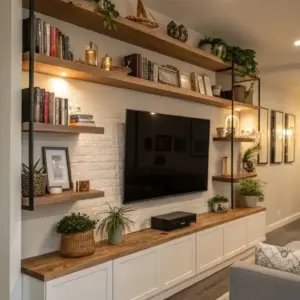 دوفيل وحدة تلفزيون أنيقة بلون أبيض وخشبي فاتح