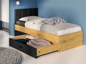 Arvo single bed, natural wood, with storage drawer and upholstered headboard