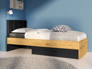 ⁦Arvo single bed, natural wood, with storage drawer and upholstered headboard⁩ - الصورة ⁦4⁩