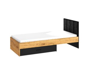⁦Arvo single bed, natural wood, with storage drawer and upholstered headboard⁩ - الصورة ⁦5⁩