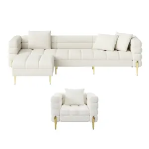 ⁦Amelis Modern Natural Wood Sofa Set with Armchair and Pouf with Gold Metal Legs⁩ - الصورة ⁦11⁩