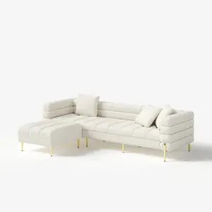 ⁦Amelis Modern Natural Wood Sofa Set with Armchair and Pouf with Gold Metal Legs⁩ - الصورة ⁦15⁩