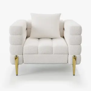 ⁦Amelis Modern Natural Wood Sofa Set with Armchair and Pouf with Gold Metal Legs⁩ - الصورة ⁦16⁩