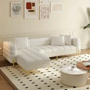 ⁦Amelis Modern Natural Wood Sofa Set with Armchair and Pouf with Gold Metal Legs⁩ - الصورة ⁦5⁩