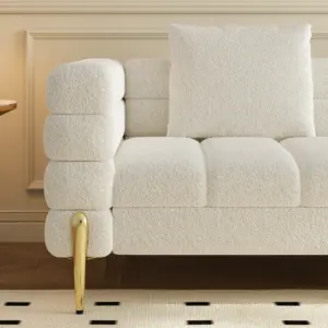 ⁦Amelis Modern Natural Wood Sofa Set with Armchair and Pouf with Gold Metal Legs⁩ - الصورة ⁦7⁩