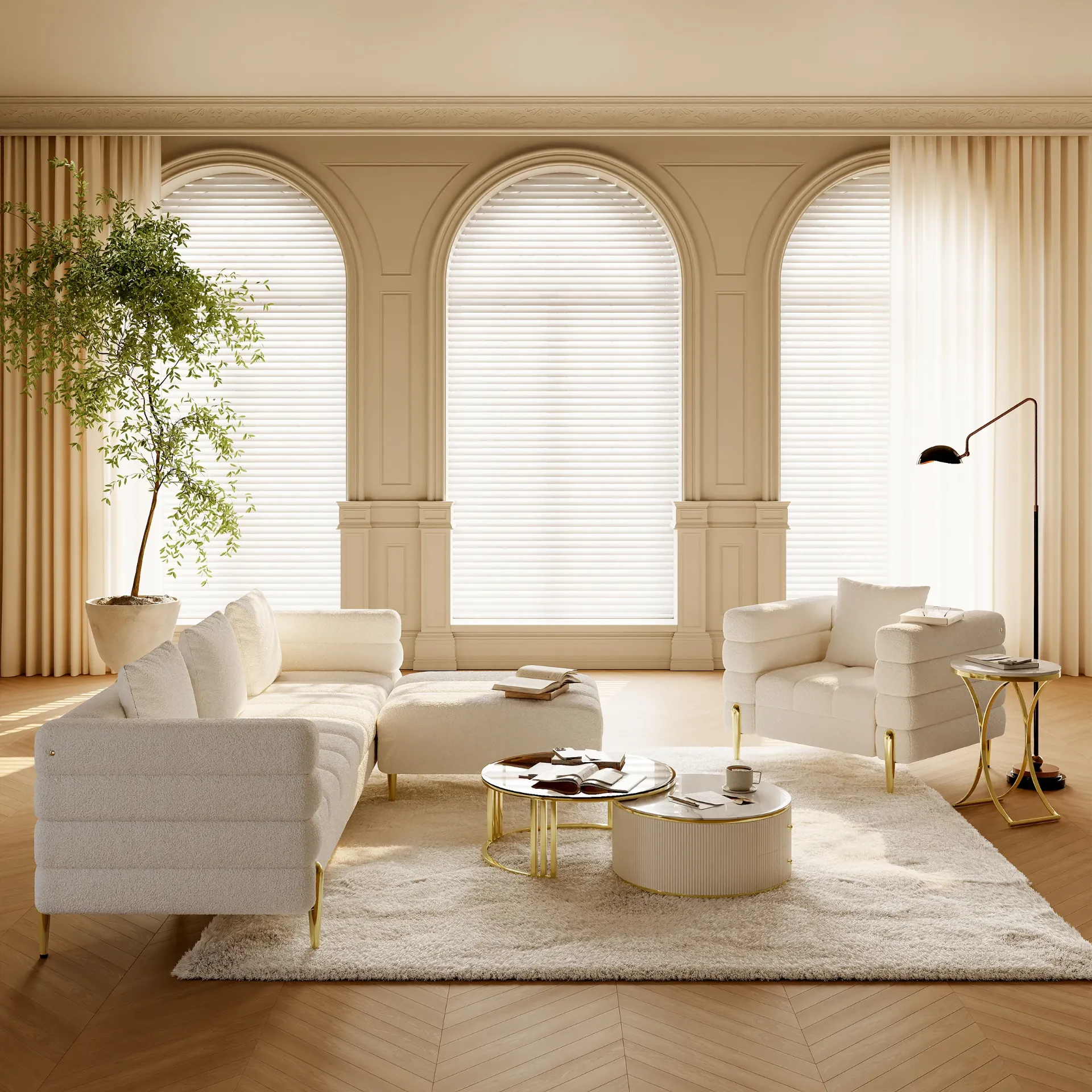 أميليس طقم أريكة عصرية من الخشب الطبيعي مع كرسي بذراعين وبوف بأرجل معدن ذهبية - الصورة 8