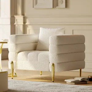 ⁦Amelis Modern Natural Wood Sofa Set with Armchair and Pouf with Gold Metal Legs⁩ - الصورة ⁦9⁩