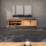 Elwin Wooden TV Table with Slat Detail and Black Tapered Legs