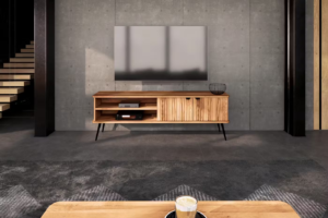 Elwin Wooden TV Table with Slat Detail and Black Tapered Legs