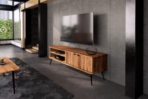 ⁦Elwin Wooden TV Table with Slat Detail and Black Tapered Legs⁩ - الصورة ⁦3⁩