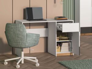 Elena modern office desk with drawer and natural wood storage unit