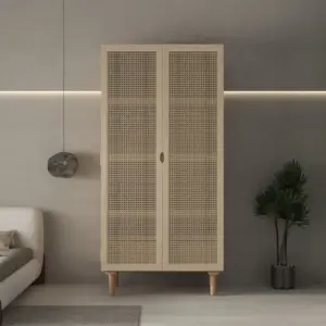⁦Natural wood graphic wardrobe with rattan⁩ - الصورة ⁦5⁩