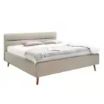 Lina minimalist bed, natural wood and fabric upholstery