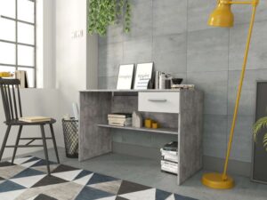 Modern office desk with drawer and lower shelf, natural wood