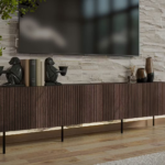 Solaro wooden TV table with longitudinal wood details and metal legs