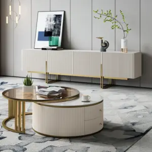 ⁦Celeste Round Coffee Table and TV Stand Set in Natural Wood⁩ - الصورة ⁦3⁩