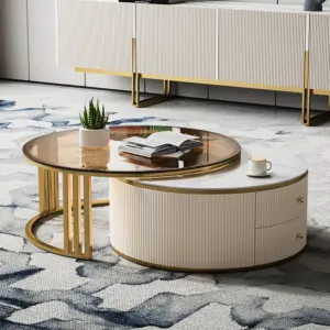 ⁦Celeste Round Coffee Table and TV Stand Set in Natural Wood⁩ - الصورة ⁦7⁩