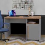 Sina modern office desk with storage door and open shelf, natural wood