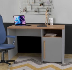 Sina modern office desk with storage door and open shelf, natural wood